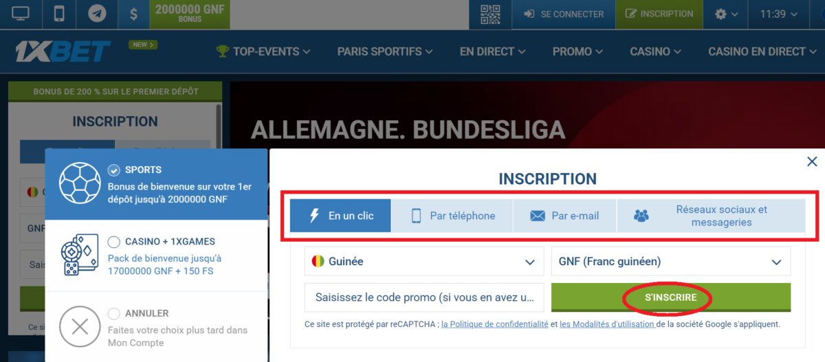 Moyens actuels de 1xBet inscription en ligne